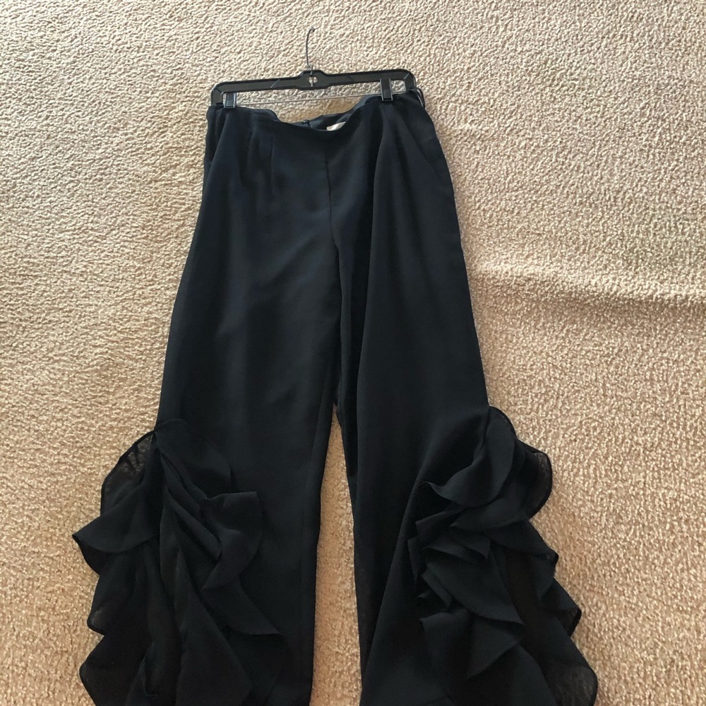 beach Elegant Black Wide Leg Pants with Ruffle Detail